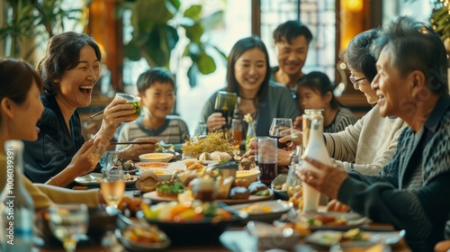 A family is gathered around a table with a variety of food and drinks