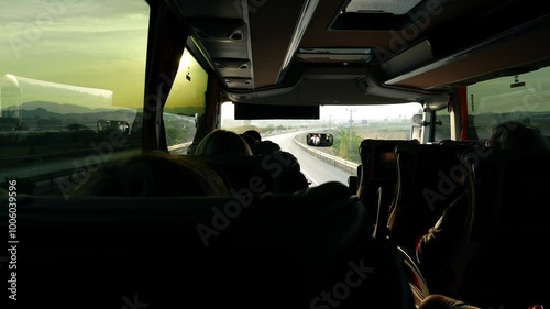 People tourists go on a trip travel on a tourist bus 