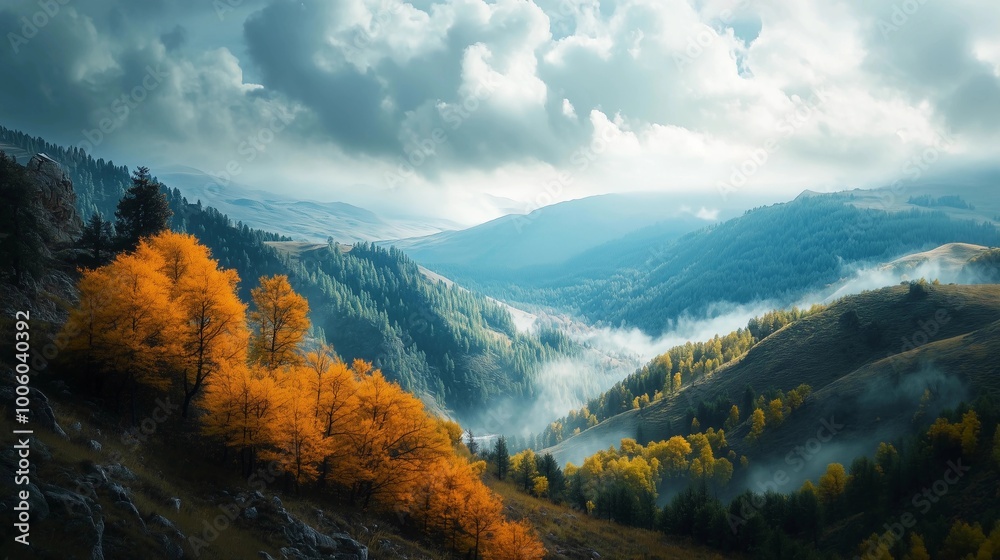 Beautiful valley in the mountains of the highlands, autumn colors, overcast sky, misty clouds, trees with yellow and orange leaves, high-resolution photography Beautiful valley in the mountains of the highlands, autumn colors, overcast sky, misty clouds, trees with yellow and orange leaves, high-resolution photography