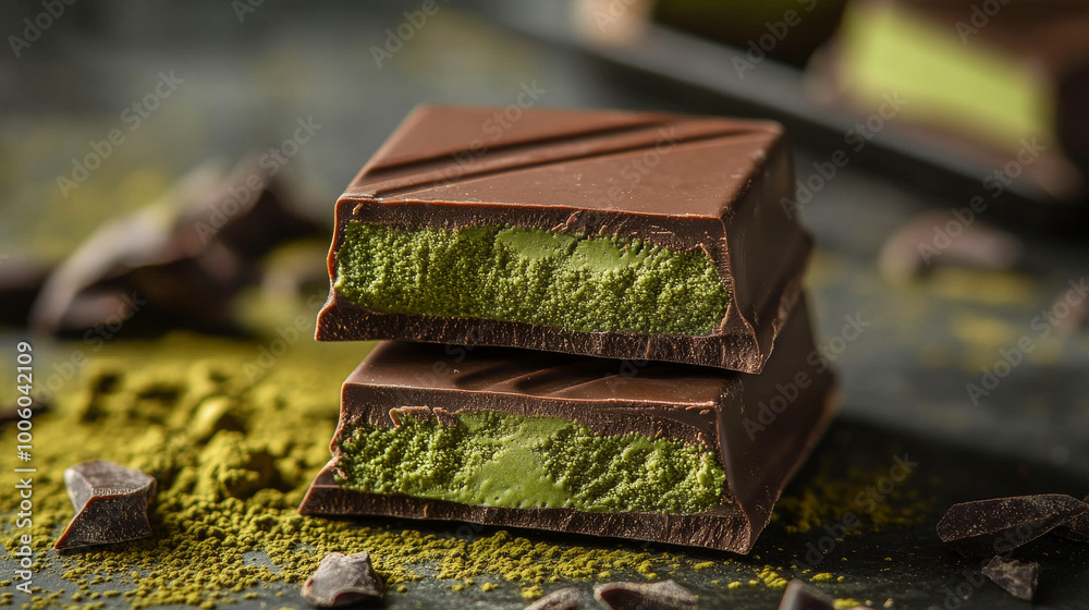 Close-up of rich Dubai chocolate bars filled with vibrant green pistachio paste, surrounded by fresh pistachios, offering a gourmet and nutty treat Close-up of rich Dubai chocolate bars filled with vibrant green pistachio paste, surrounded by fresh pistachios, offering a gourmet and nutty treat