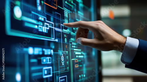 hand adjusting virtual energy grid interface, showcasing advanced technology and digital interaction. image conveys sense of innovation and modernity in energy management