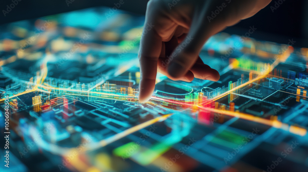hand touching floating 3D map with traffic flow visualization, showcasing vibrant colors and intricate details. This captures essence of modern technology and urban planning hand touching floating 3D map with traffic flow visualization, showcasing vibrant colors and intricate details. This captures essence of modern technology and urban planning