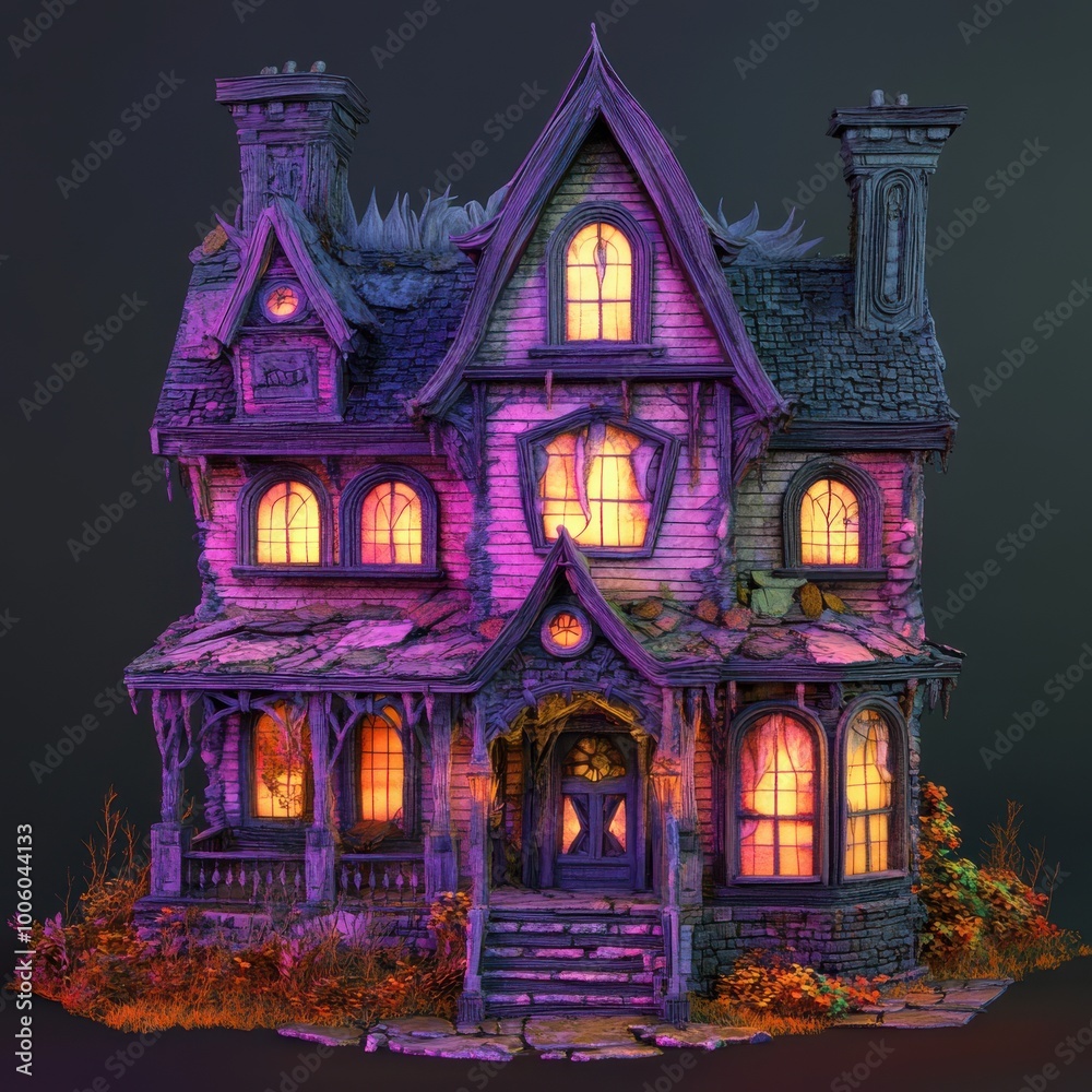 A whimsical, haunted house with glowing windows, detailed architecture, and vibrant colors, perfect for Halloween or fantasy themes. A whimsical, haunted house with glowing windows, detailed architecture, and vibrant colors, perfect for Halloween or fantasy themes.