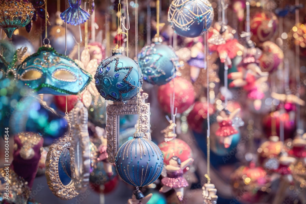 Fototapeta premium Christmas tree baubles and decorations at a holiday fair or market in city street