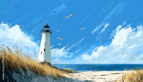 A painted illustration of a lighthouse under a blue sky
