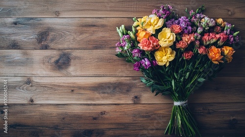 Vibrant Bouquet of Flowers on Wooden Background