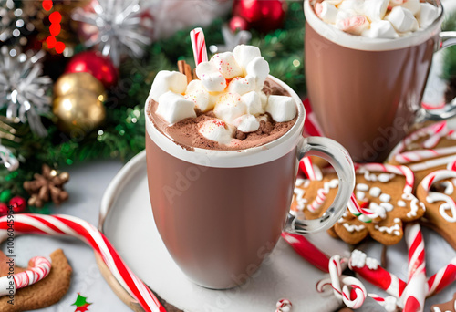 hot cocoa tih whip cream and christmas decorations