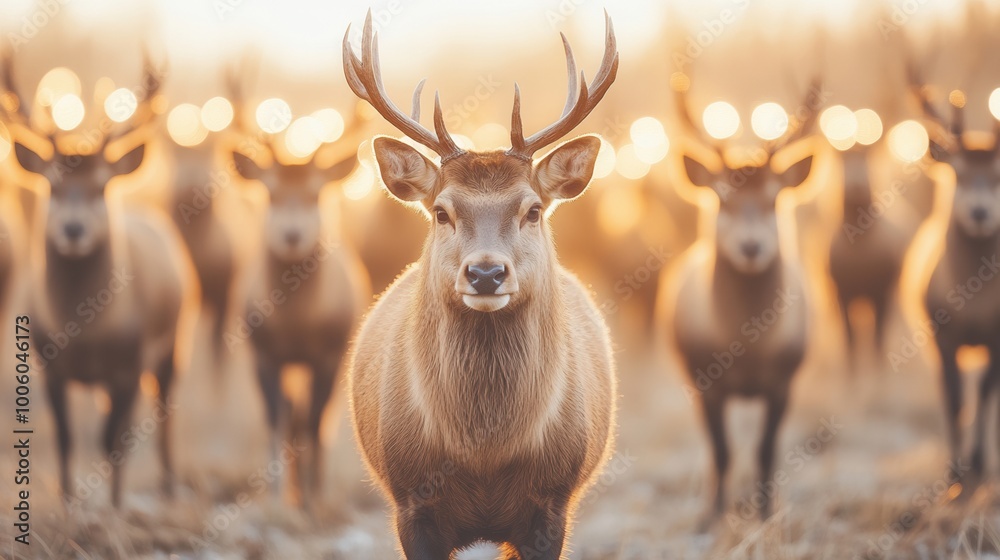 A captivating image of a herd of majestic deer in a sunlit field, with one deer prominently in focus, creating a serene and enchanting scene. A captivating image of a herd of majestic deer in a sunlit field, with one deer prominently in focus, creating a serene and enchanting scene.