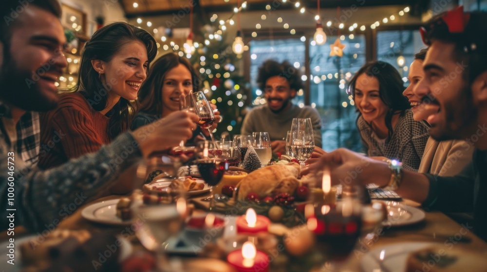 A group of people are gathered around a table with food and drinks A group of people are gathered around a table with food and drinks