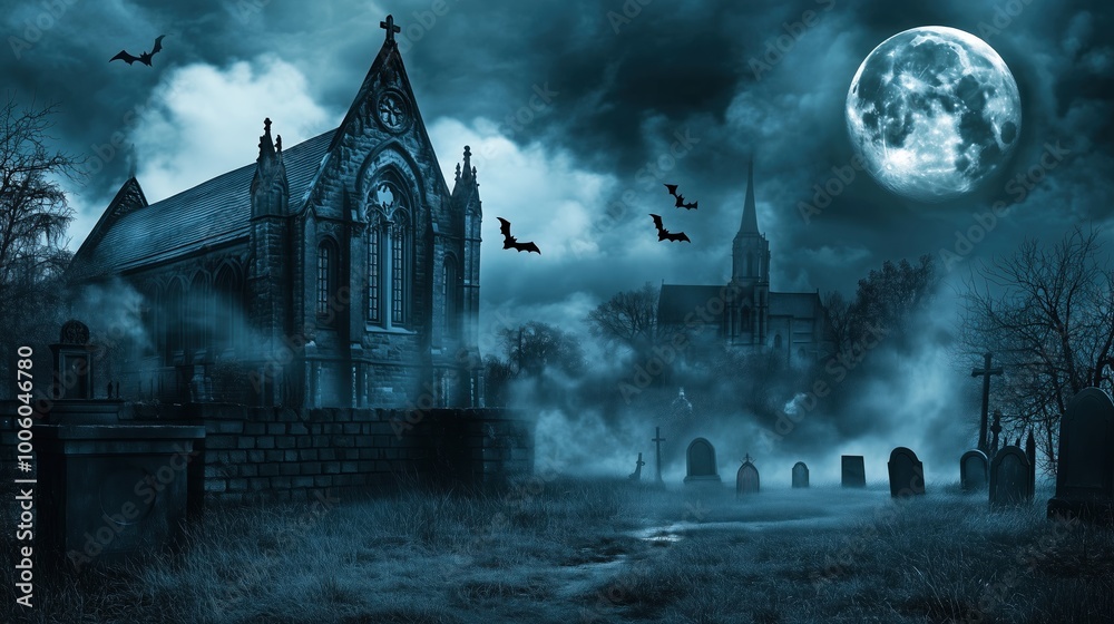 A mysterious full moon shines over an ancient Gothic cemetery, enveloped in thick fog and ominous clouds. The eerie scene is illuminated by blue moonlight, casting shadows across the graveyard. A larg A mysterious full moon shines over an ancient Gothic cemetery, enveloped in thick fog and ominous clouds. The eerie scene is illuminated by blue moonlight, casting shadows across the graveyard. A larg