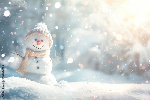Christmas greeting card with bright winter holiday snowman and New Year background
