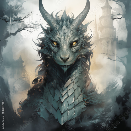 Regal dragon with a serene expression, embodying wisdom and calm against a mystical castle backdrop