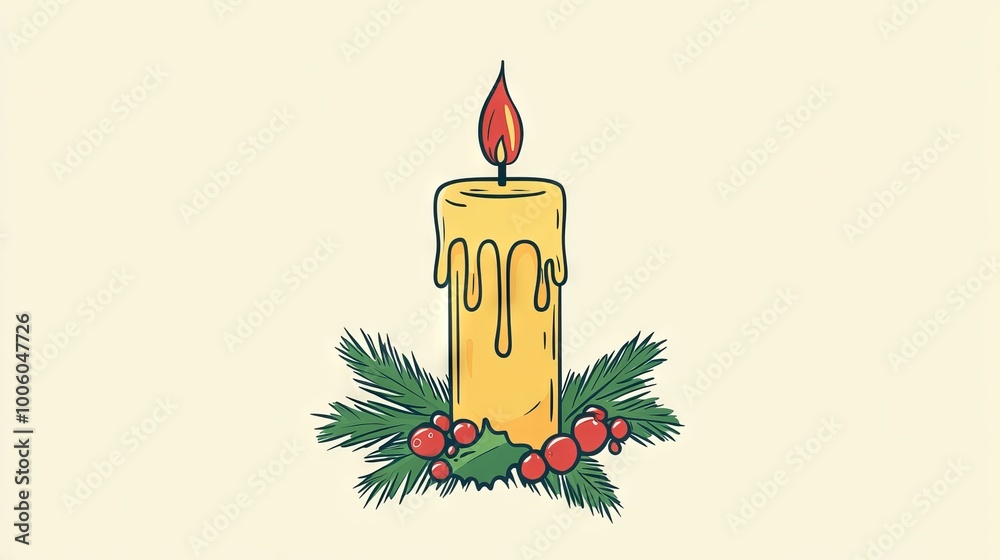 A candle with a red flame is lit and surrounded by pine needles and berries. The candle is yellow and has a wax drizzle
