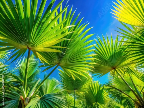 Lush Paurotis palm leaves reach skyward against a vibrant blue backdrop, creating a serene tropical garden landscape that invites relaxation and nature's beauty. photo