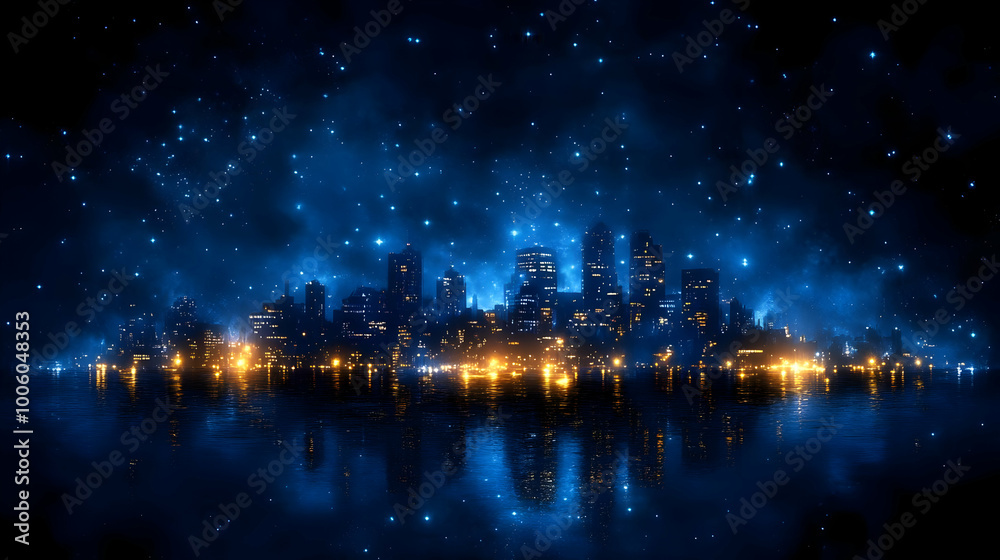Cityscape Under a Starry Night, Reflections in Water Cityscape Under a Starry Night, Reflections in Water
