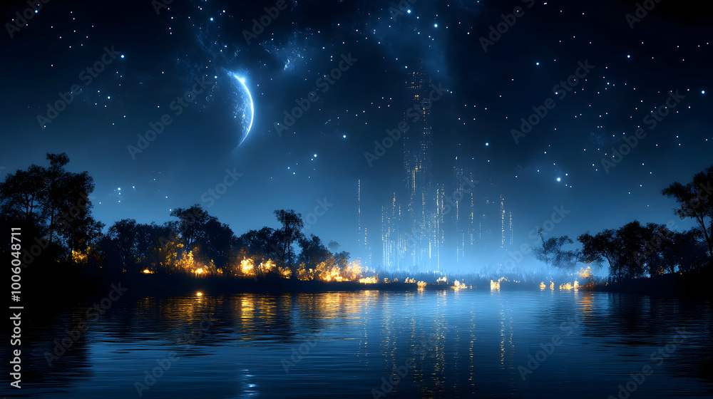 Night Sky with a Cityscape and Water Reflection Night Sky with a Cityscape and Water Reflection