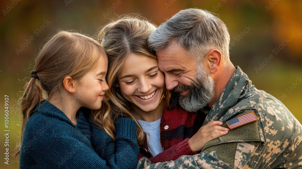 Fototapeta premium Joyful family reunion with father, daughters embracing in a warm moment outdoors.