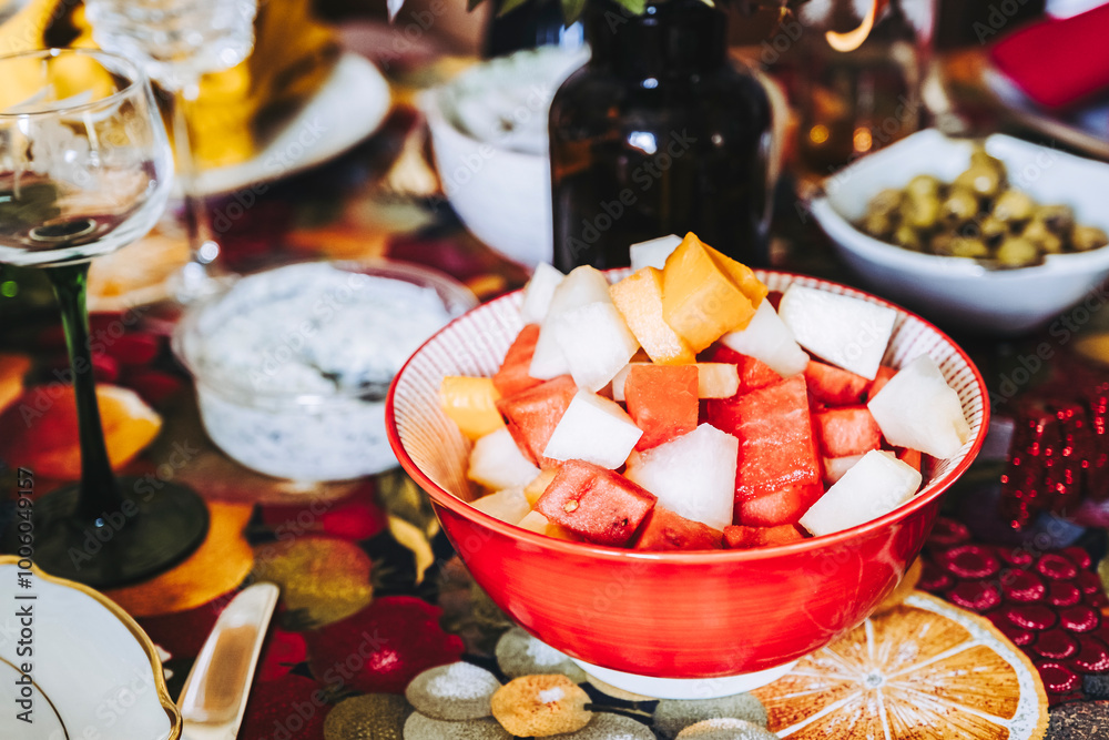 Salade de fruits frais avec pastèque melon et melon vert dans un bol en céramique rouge