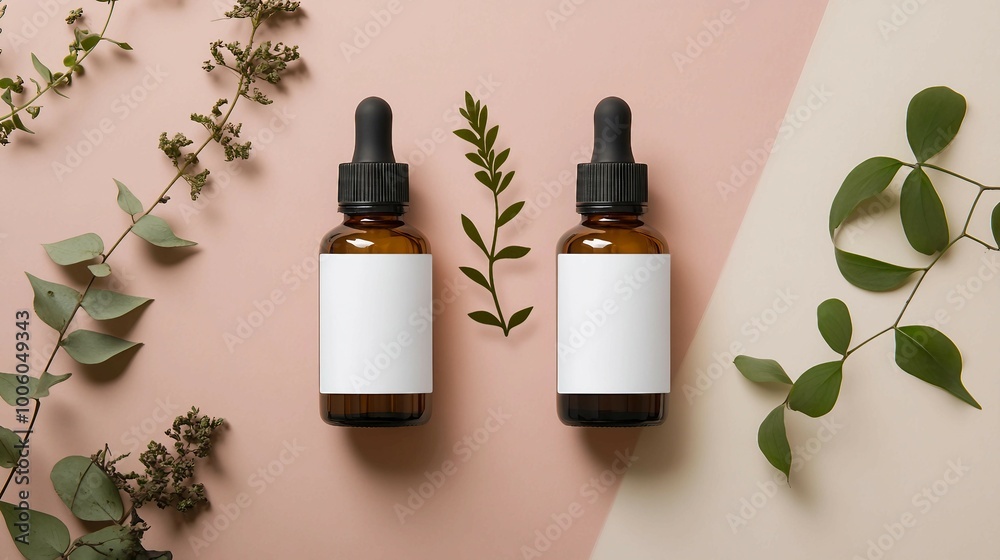 Two Dropper Bottles with Blank Labels and Greenery on a Pink and Beige Background Two Dropper Bottles with Blank Labels and Greenery on a Pink and Beige Background
