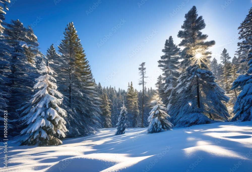 Fototapeta premium captivating winter wonderland featuring snow covered landscape tall pine trees under clear blue sky, evergreen, snowfall, scenery, frosty, beauty, scenic
