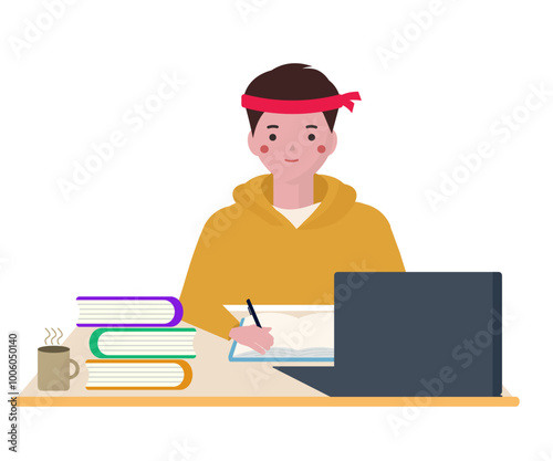 受験勉強をする学生。ハチマキを巻いて一生懸命勉強をする。ベクターイラスト