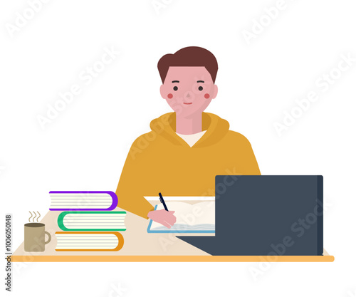 パソコンとノートを使って受験勉強をする学生。ベクターイラスト