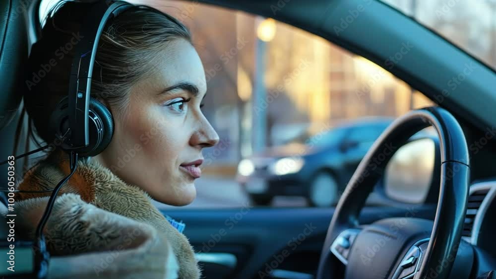 Video conferencing woman in a car, set up for a virtual business meeting.