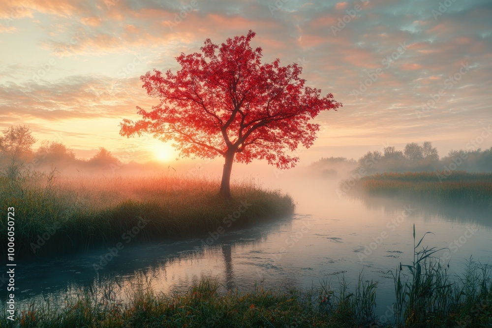 Lone tree on foggy river Lone tree on foggy river