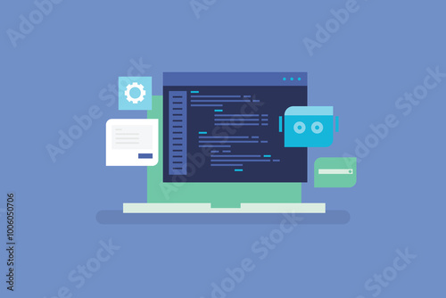 Artificial intelligence writing codes, AI generating code for software and application, AI chat bot writing codes, Prompt for code generation. Vector illustration background.