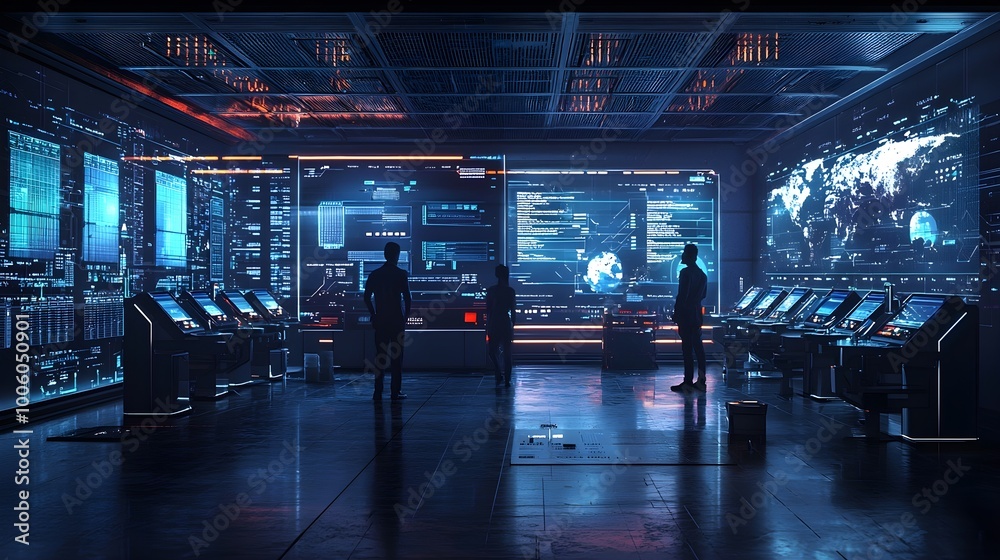 Futuristic Control Room With Silhouettes Futuristic Control Room With Silhouettes