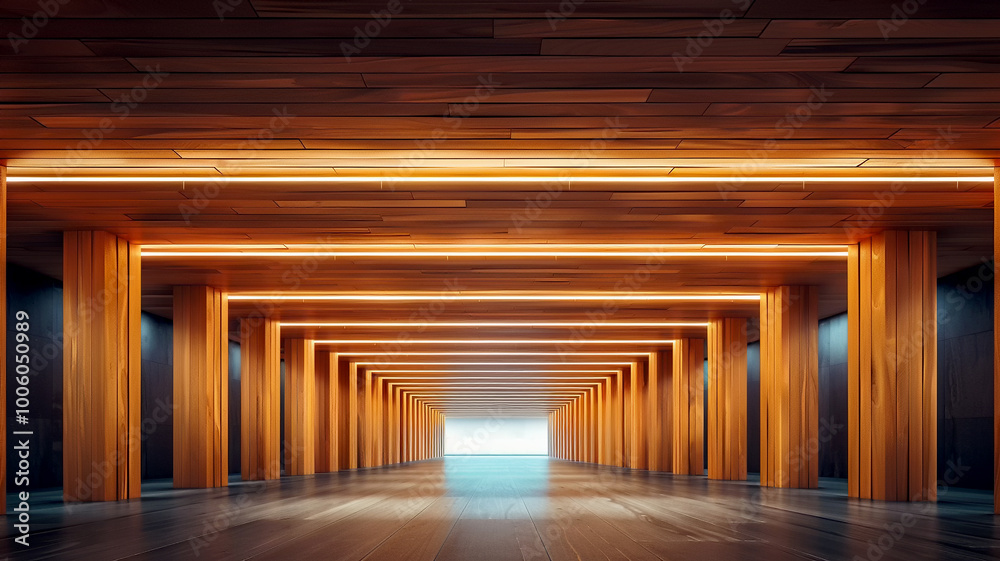 A modern architectural corridor with wooden pillars and glowing lights in the background A modern architectural corridor with wooden pillars and glowing lights in the background