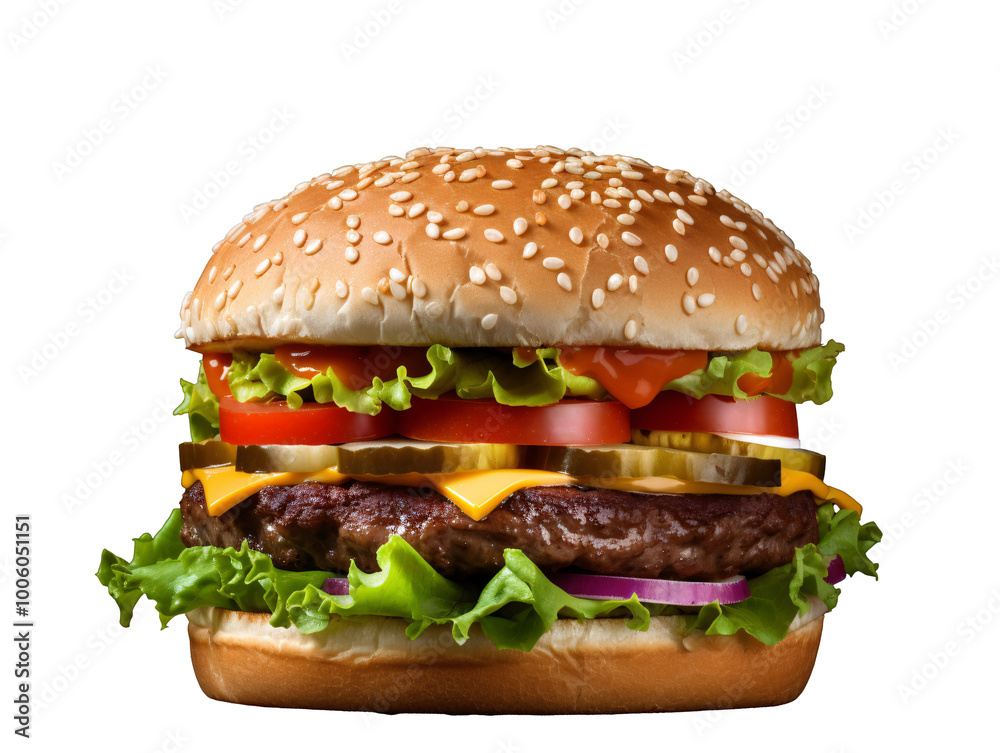 a cheeseburger with lettuce and tomato