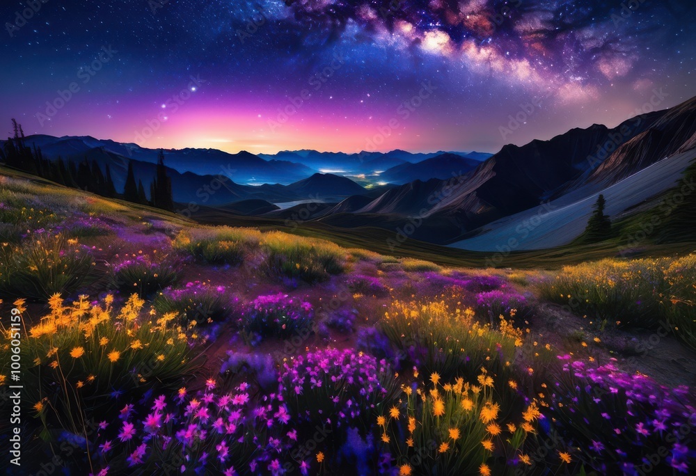 Obraz premium vibrant night sky showcasing colorful shooting stars overmajestic landscape filled natural beauty scenic views, colors, panorama, celestial, illumination