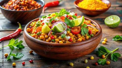 Spicy Chotpoti served in a bowl, adorned with fresh ingredients and garnishes, creating a vibrant display on the table, enticing everyone to enjoy. photo