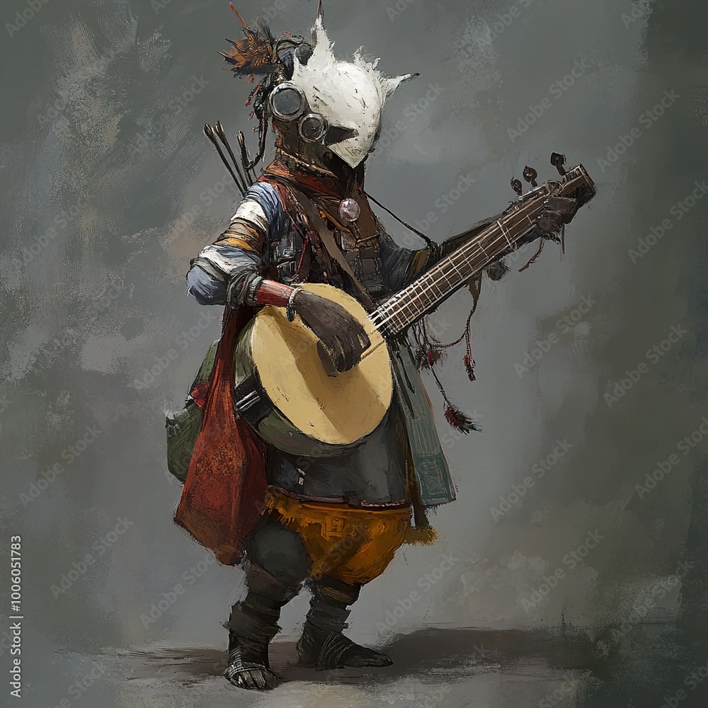 Naklejka premium Fantasy Musician with Banjo and Mask - Digital Painting