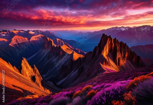 breathtaking majestic mountain landscapes bathed vibrant sunset colors dramatic skies rich natural textures, adventure, aesthetics, beauty, beautiful