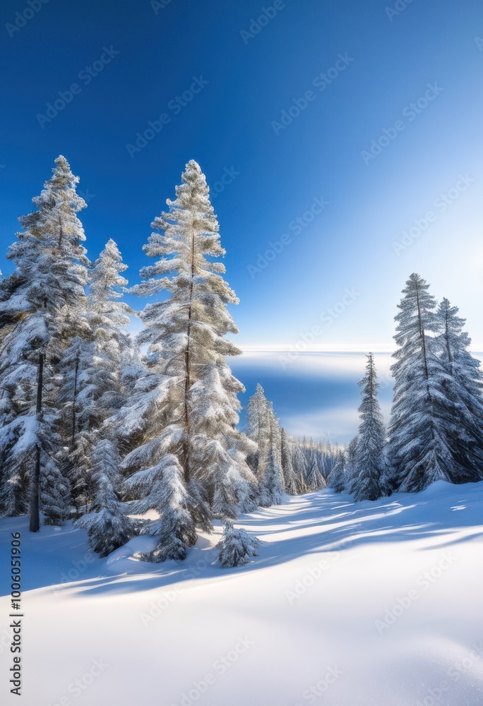 serene frosty winter landscape featuring majestic snow covered trees under clear blue sky, cold, ice, mountain, nature, snowdrift, snowflakes, pines, white serene frosty winter landscape featuring majestic snow covered trees under clear blue sky, cold, ice, mountain, nature, snowdrift, snowflakes, pines, white