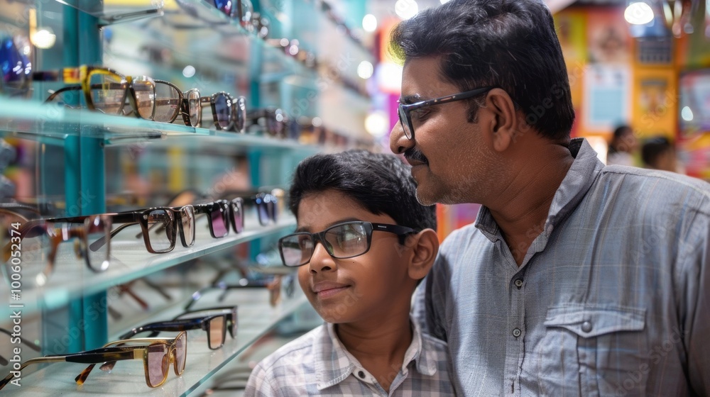 A man and a boy are looking at glasses in a store A man and a boy are looking at glasses in a store