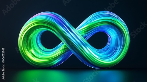 infinity logo render of an abstract blue and green swirling data stream on black background.