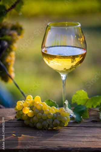 Verre de vin blanc au milieu des vignobles en automne.