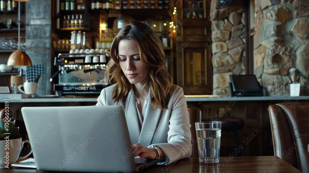 Business casual work scene with a woman on a laptop, in a stylish urban setting. Business casual work scene with a woman on a laptop, in a stylish urban setting.