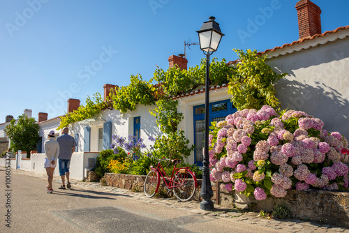 Fototapeta Naklejka Na Ścianę i Meble -  Vieux vélo rouge dans les rue d'un village de Vendée en France sur l'île de Noirmoutier.