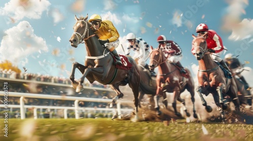 A horse race with jockeys in yellow and red racing against each other