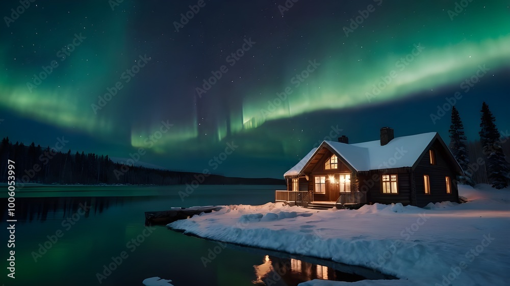 Fototapeta premium Winter chalet in a snowy landscape at night with green polar lights in the sky, wooden winter house