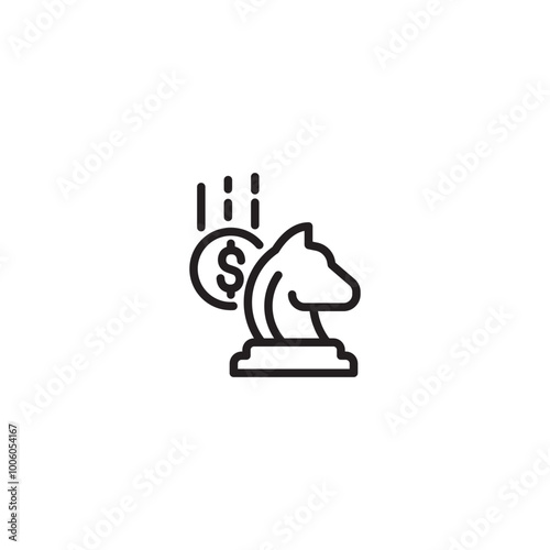 Financial strategy. Money chess piece. Investment strategy. Dollar sign, knight. Chess knight with money. Chess knight and dollar coin.