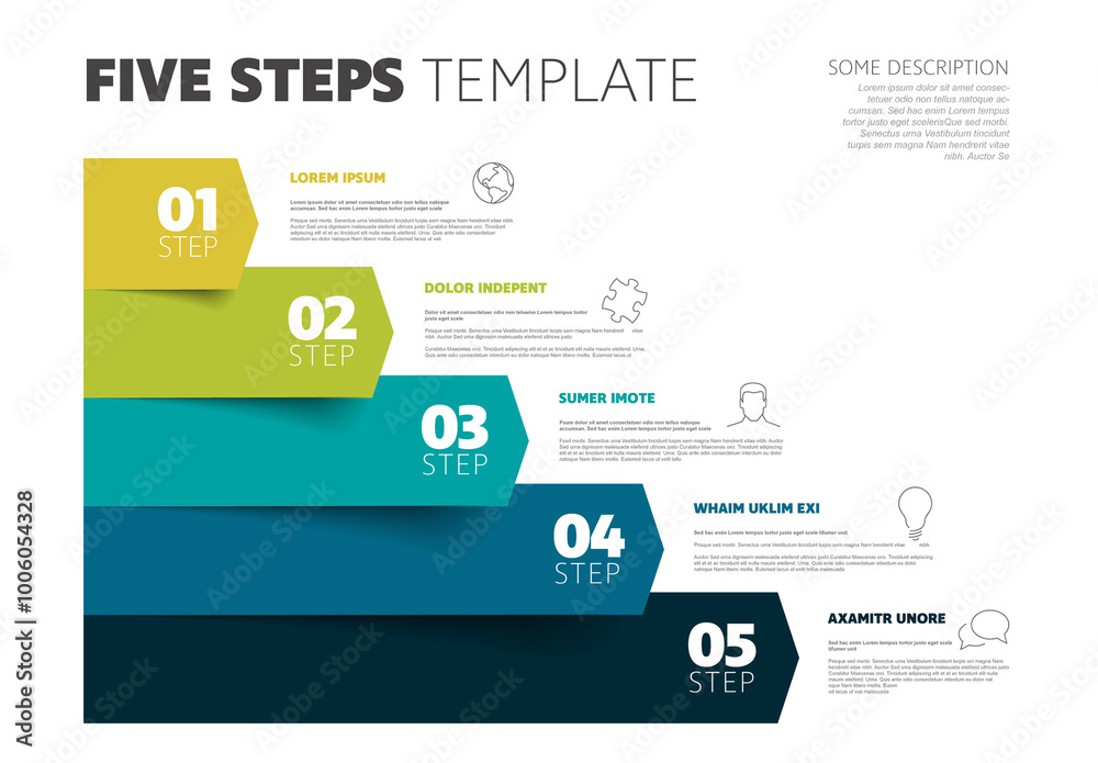 Green and blue horizontal five arrows steps infographic template with icons and descriptions