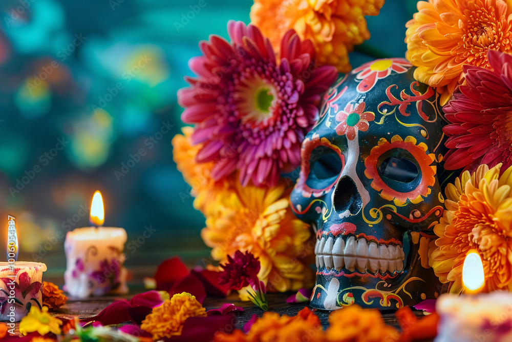 Beautiful greeting card with bright holiday composition for happy to joy celebrate dia de muertos Beautiful greeting card with bright holiday composition for happy to joy celebrate dia de muertos