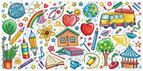 Vibrant school-themed doodles and sketches on a white background, perfect for enhancing educational projects and themes, adding a creative and playful touch to learning materials.