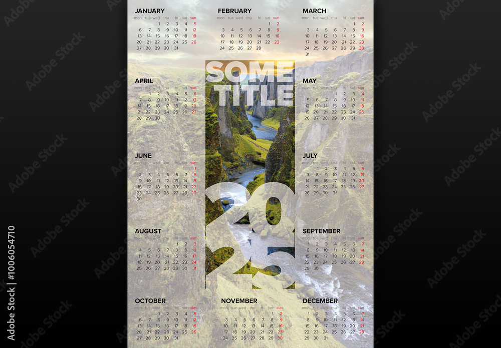 Light vertical calendar template for the year 2025 with big photo placeholder