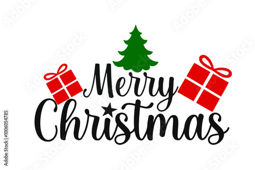 merry christmas vector text with red silhouette gifts and green christmas tree